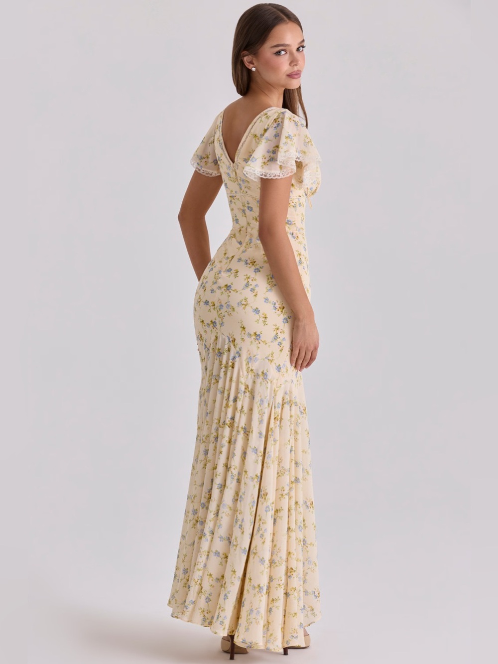 House of CB AMINA Lemon Floral Print Georgette Maxi Tea Dress NWOT - Picture 6 of 12